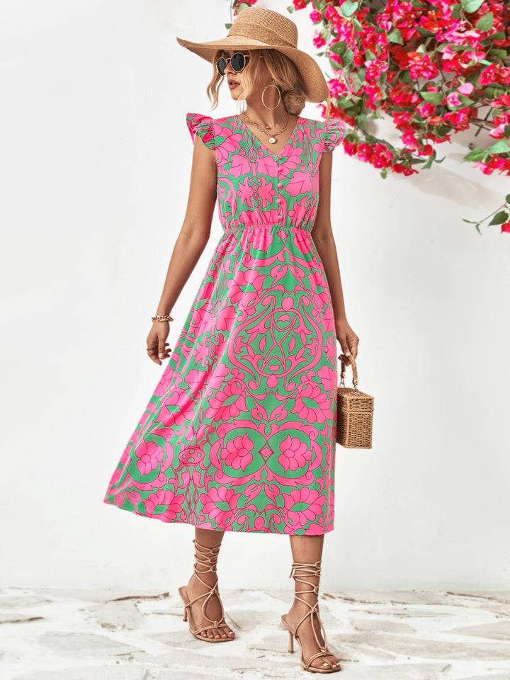 Printed V-Neck Cap Sleeve Dress