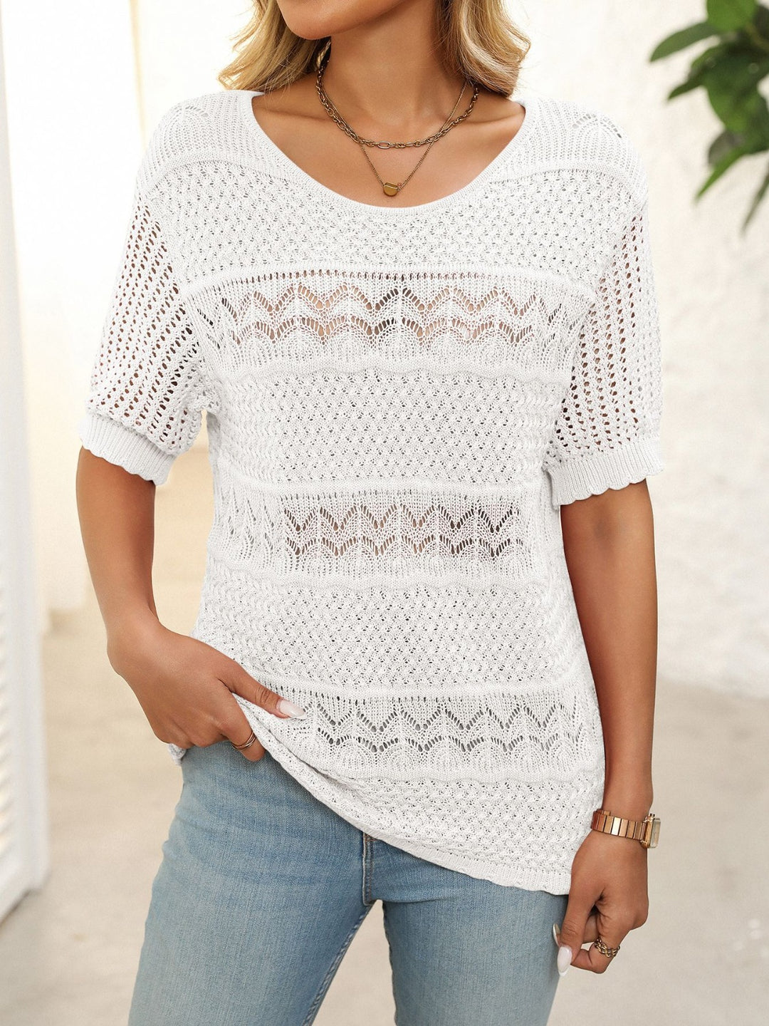 Mandy Openwork Round Neck Half Sleeve Knit Top