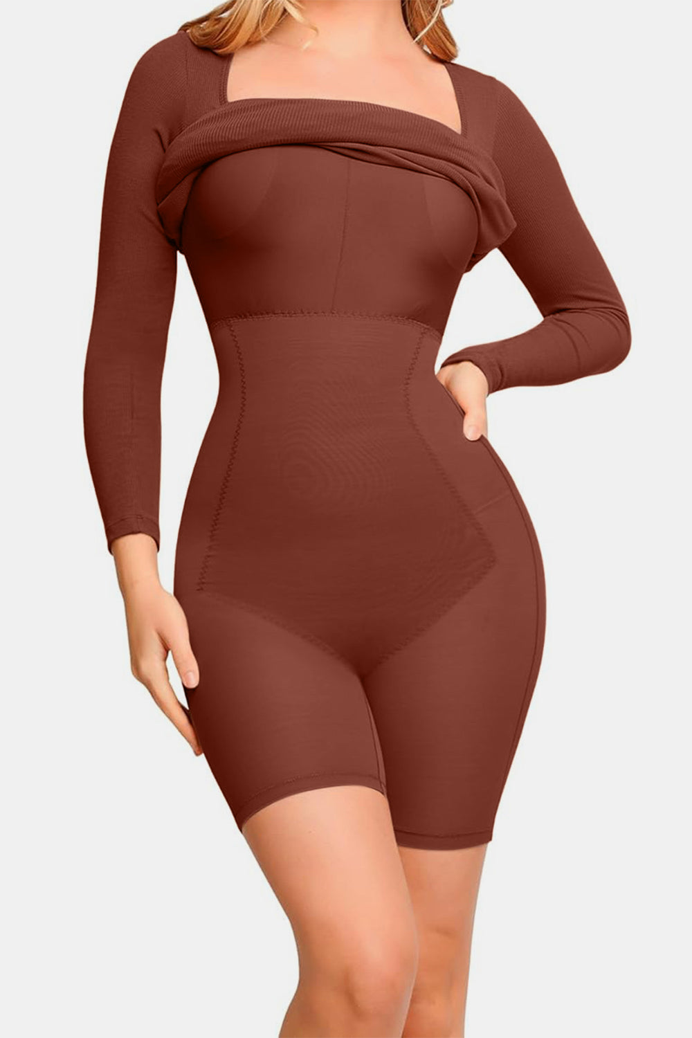 Long Sleeve Dress Square Neck Full Size Built-In Shapewear