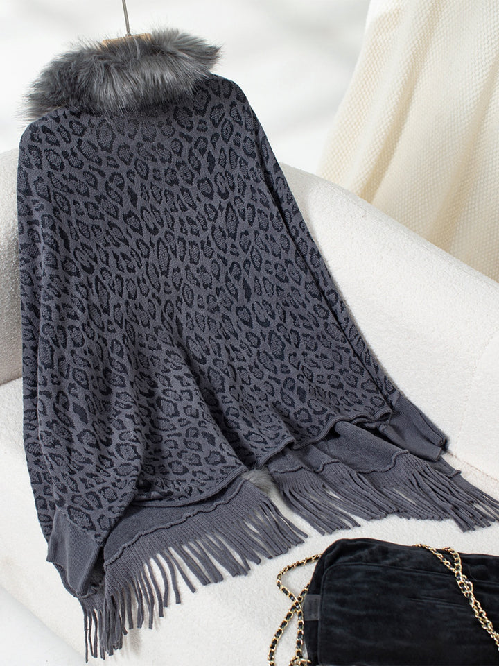 Fringe Leopard Open Front Long Sleeve Poncho