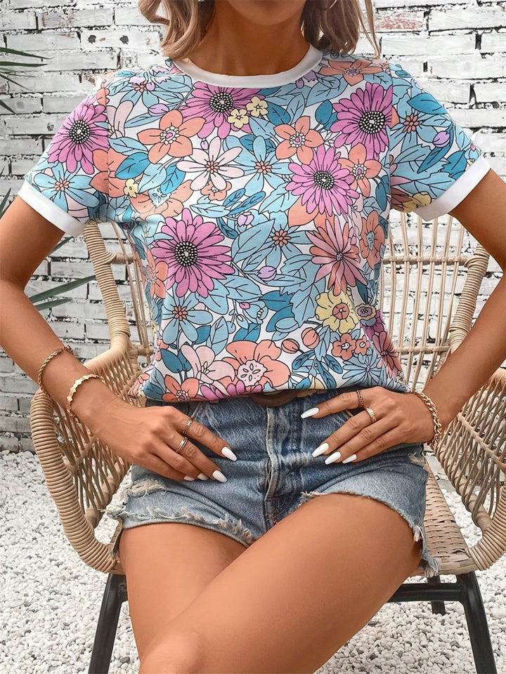 Floral Round Neck Short Sleeve T-Shirt