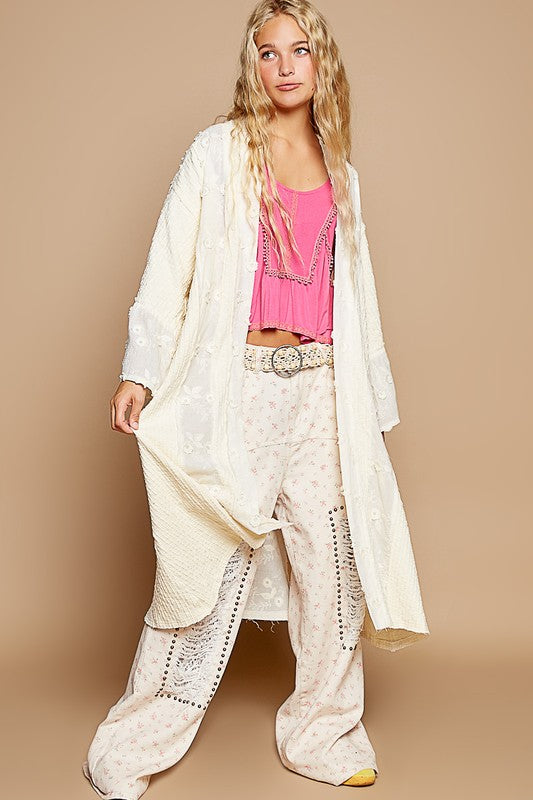 POL Flower Lace Trim Open Front Longline Cardigan