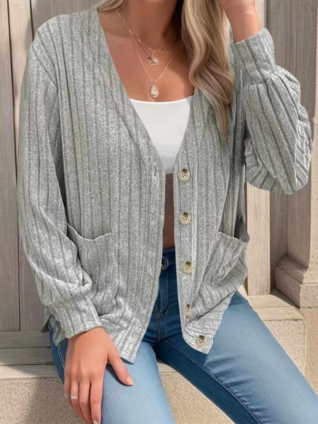 Full Size Button Up V-Neck Long Sleeve Cardigan