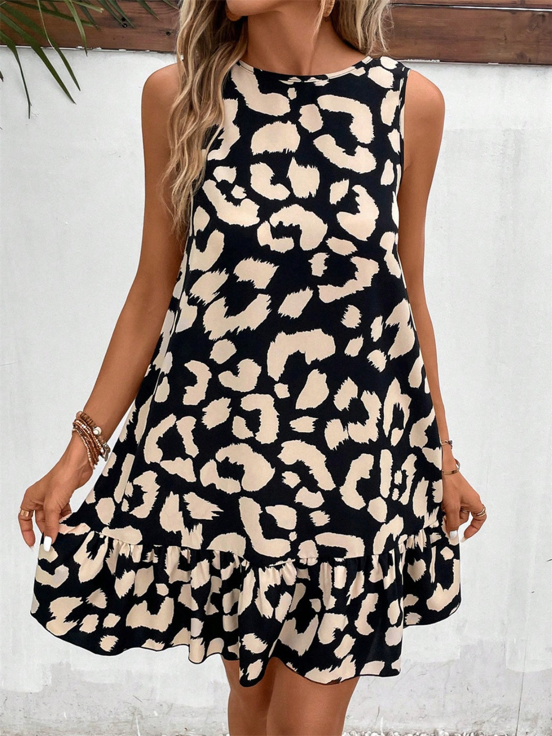 Tied Leopard Round Neck Tank Dress