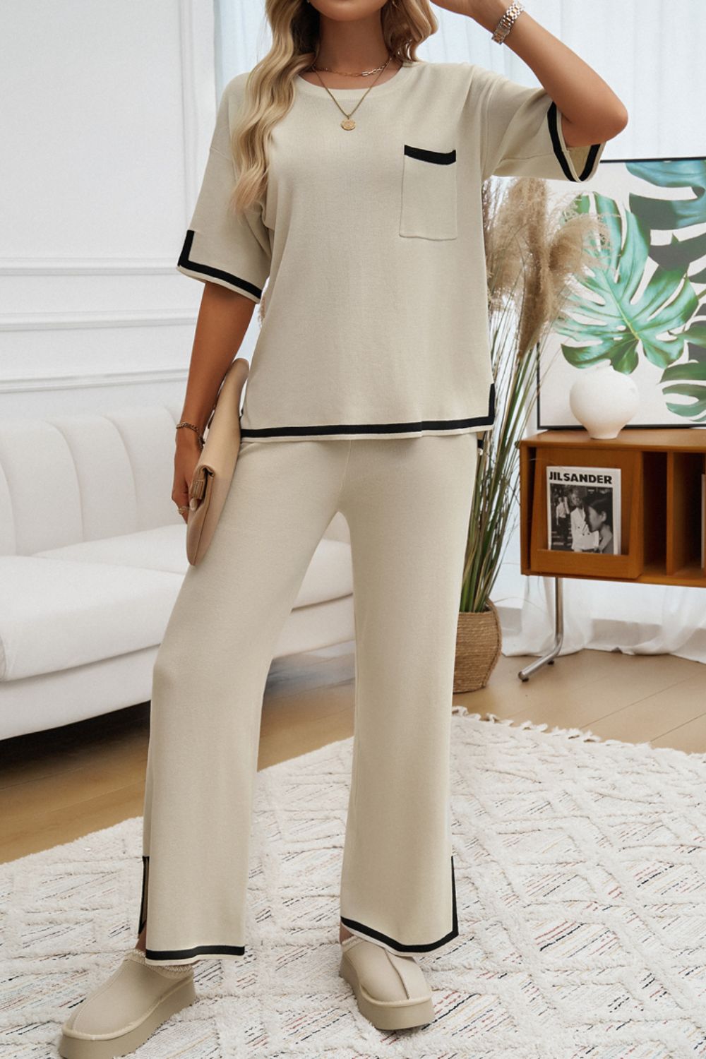 Devine Contrast Trim Half Sleeve Top and Pants Set