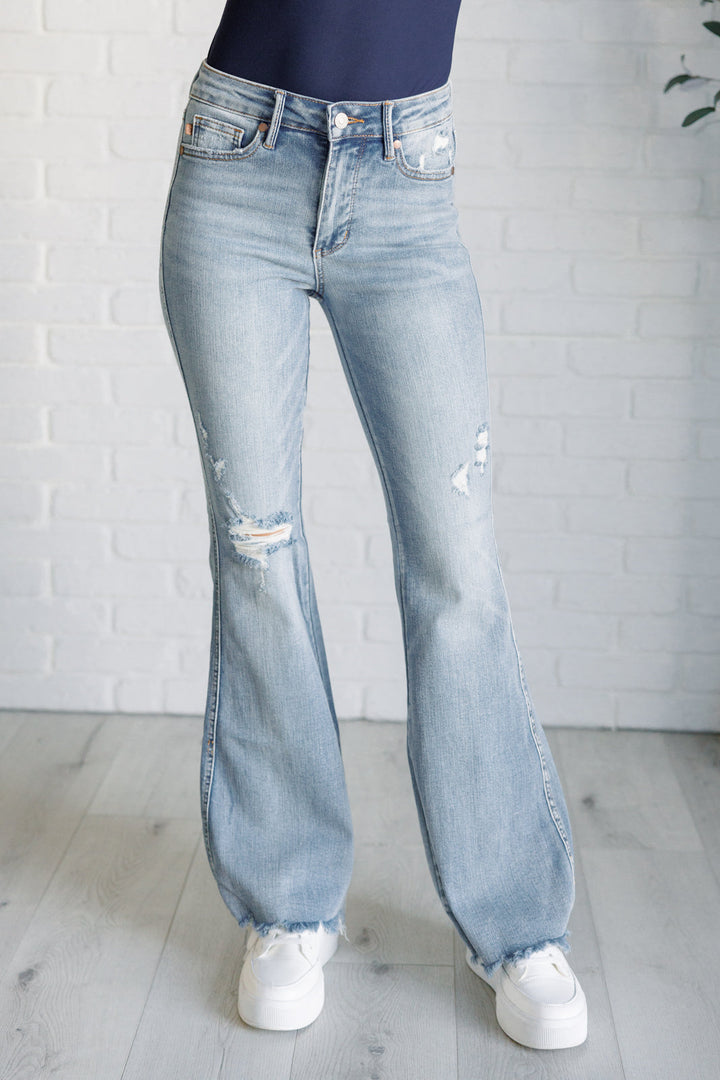 Caroline Mid Rise **TUMMY CONTROL** Distressed Flare Jeans by Judy Blue