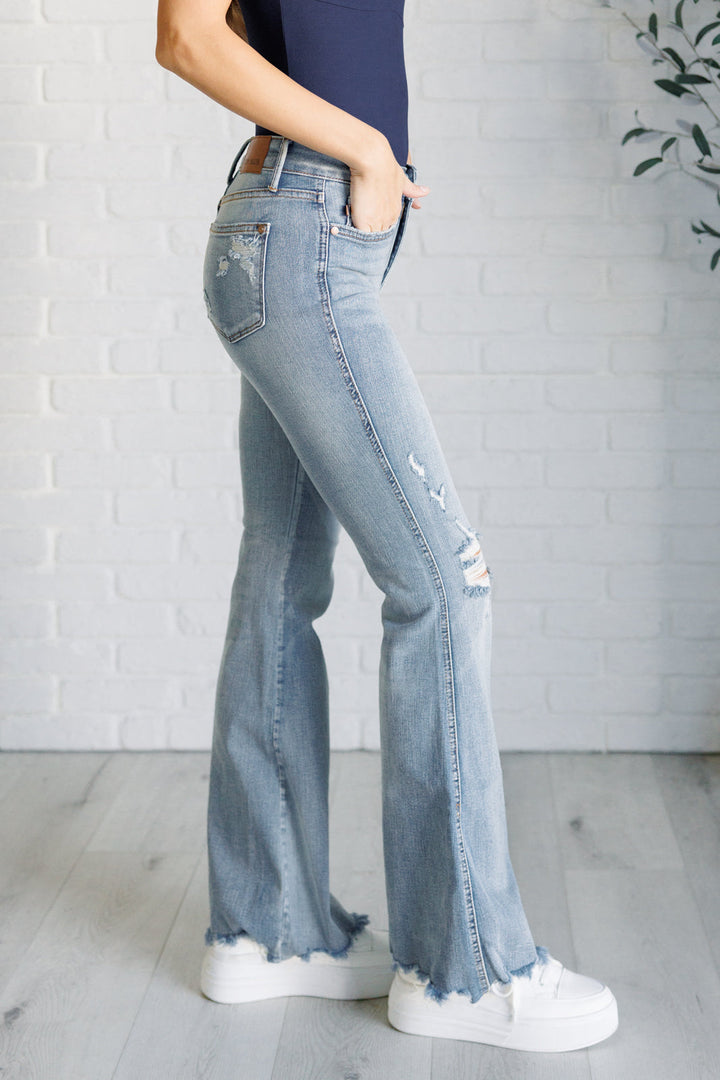 Caroline Mid Rise **TUMMY CONTROL** Distressed Flare Jeans by Judy Blue