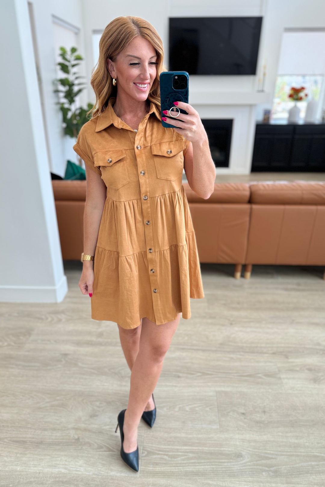 Don't Hang Up Faux Suede Shirt Dress