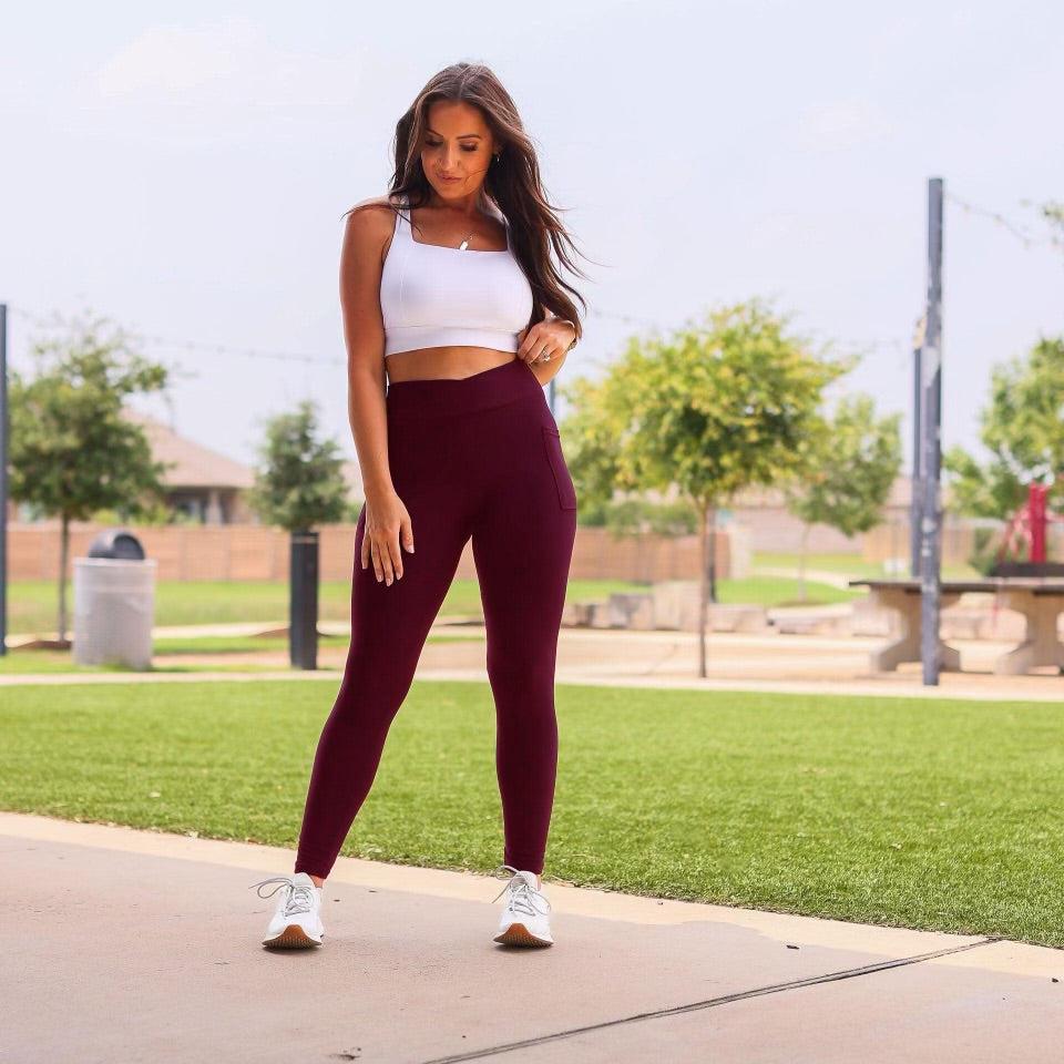 MAROON Crossover Full Length Leggings with Pockets  - Luxe Leggings by Julia Rose®