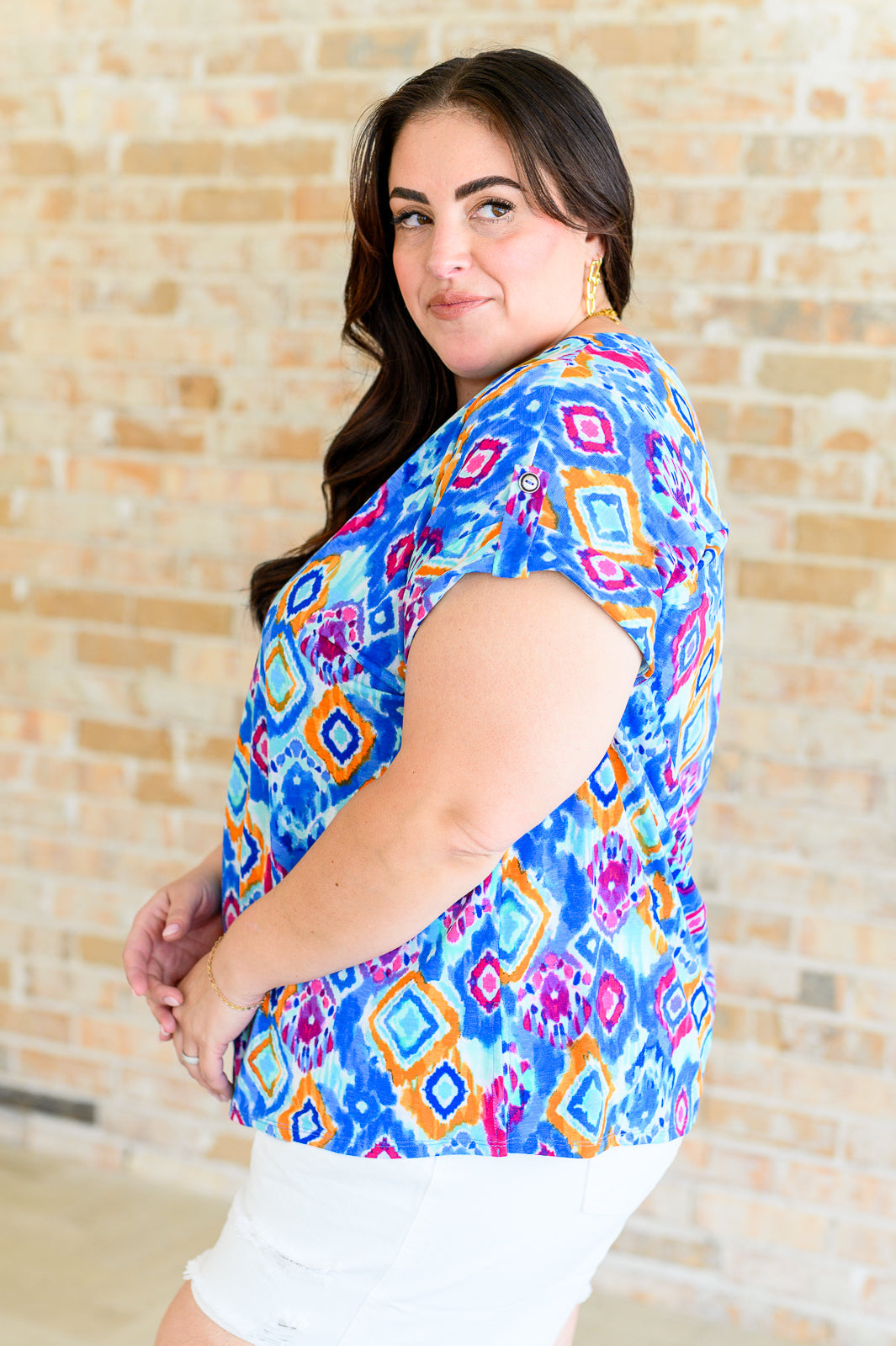 Lizzy Cap Sleeve Top in Blue and Magenta Ikat