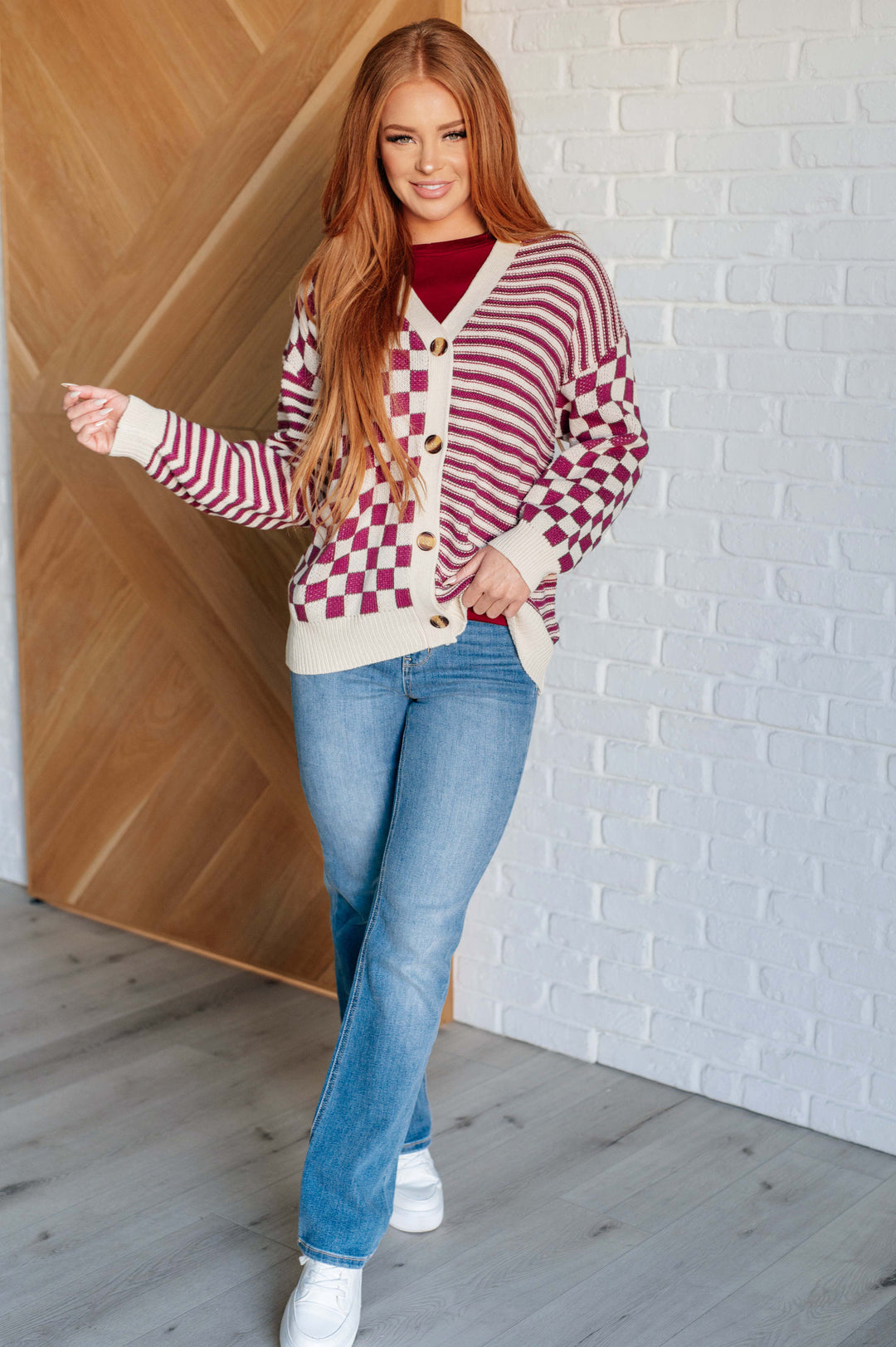 No Brainer Button Down Sweater Knit Cardigan in Magenta/Oatmeal