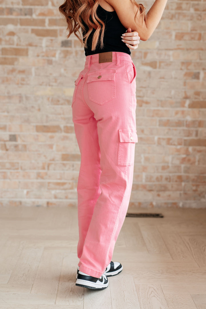 Peggy High Rise Cargo Straight Jeans in Pink by Judy Blue