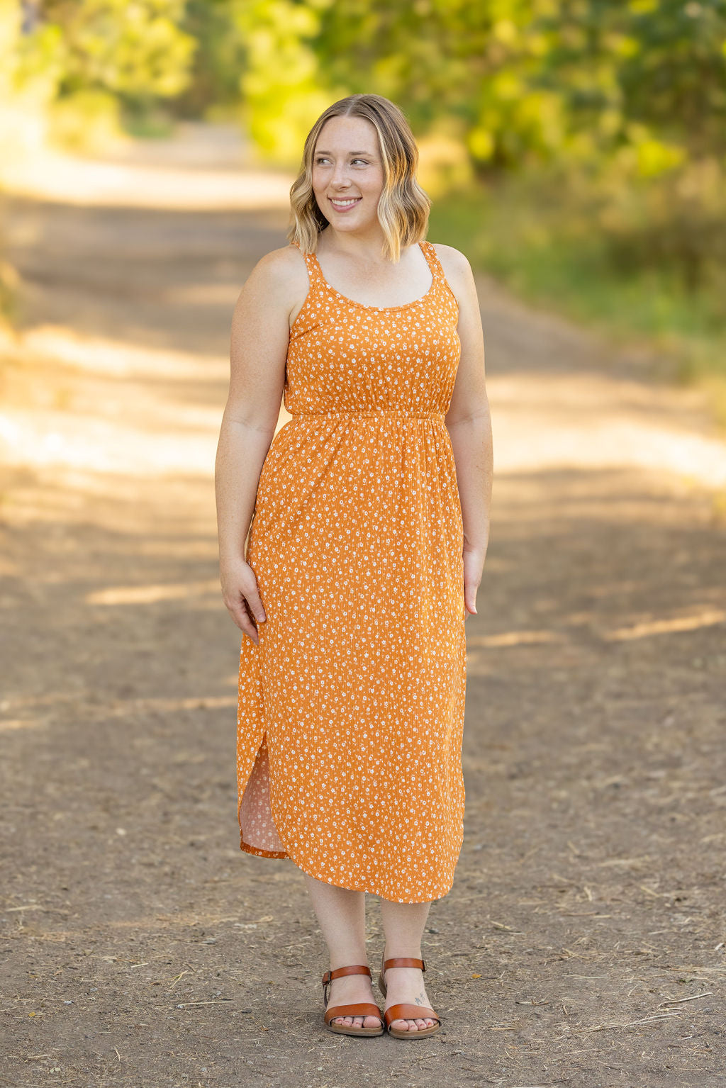 IN STOCK Reagan Ribbed Midi Dress - Pumpkin Floral