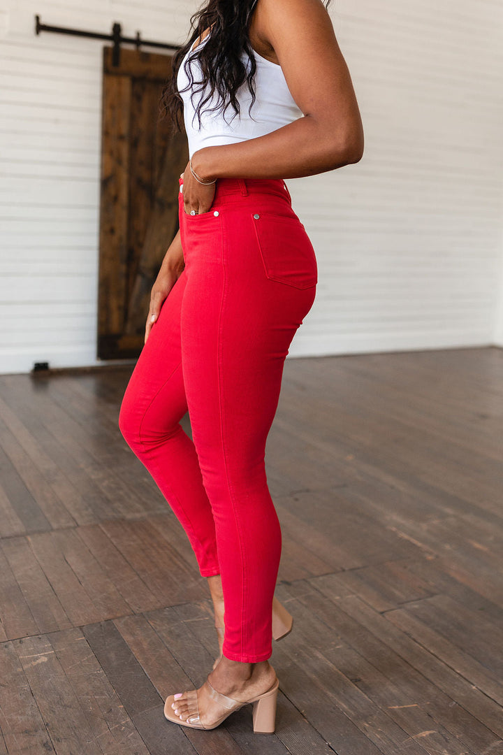 Ruby High Rise Tummy Control Garment Dyed Judy Blue Skinny Jeans in Red