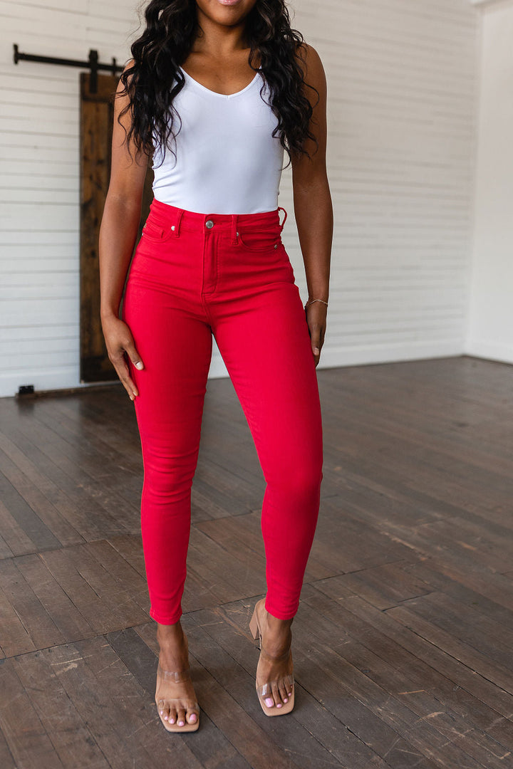 Ruby High Rise Tummy Control Garment Dyed Judy Blue Skinny Jeans in Red