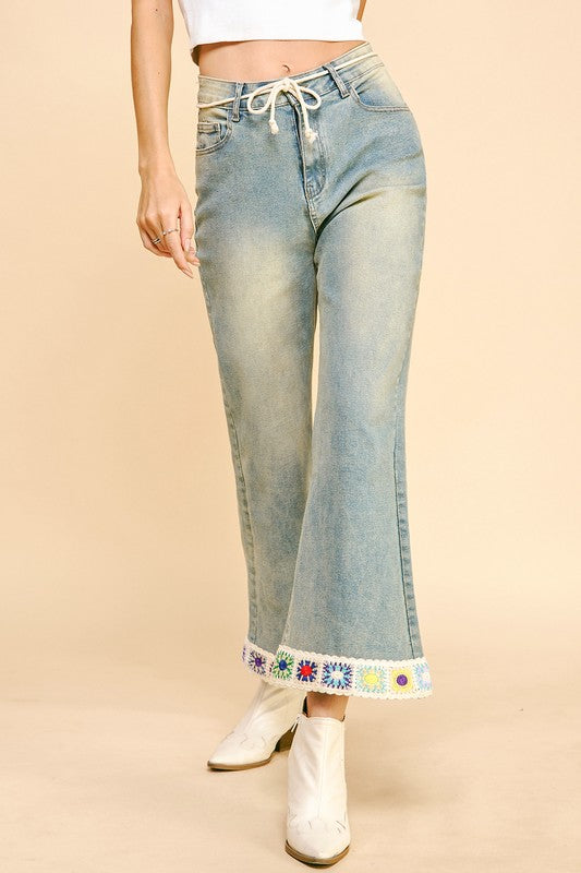 Davi & Dani Crochet Trim Flare Jeans with Pockets