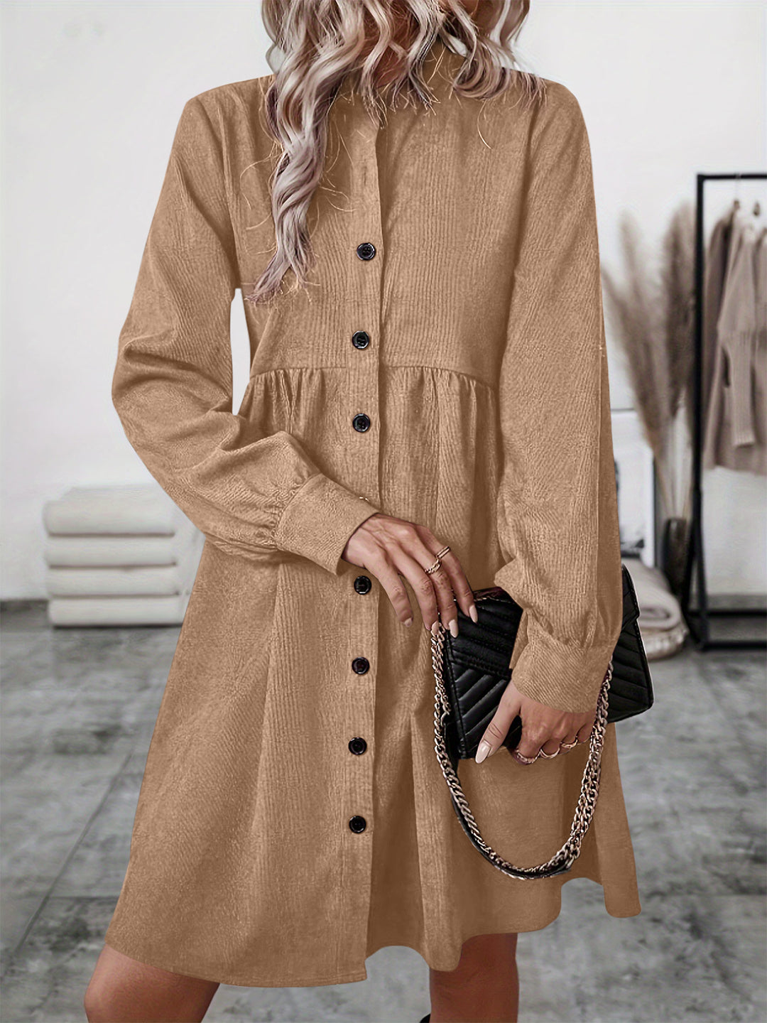 Ruched Button Up Long Sleeve Dress