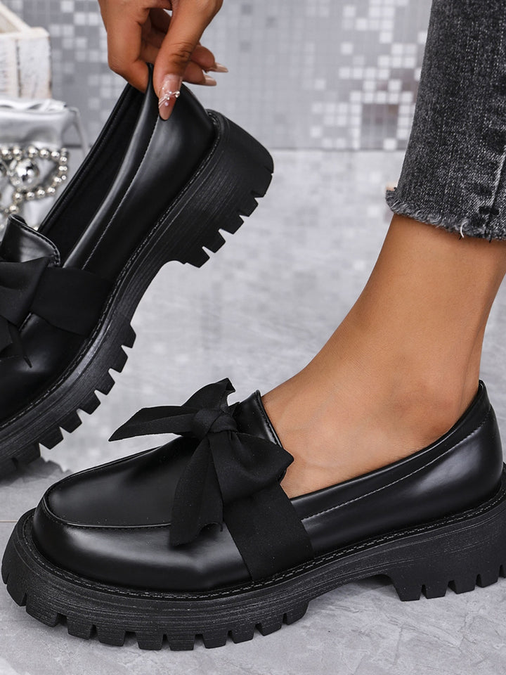 Bow PU Leather Round Toe Loafers