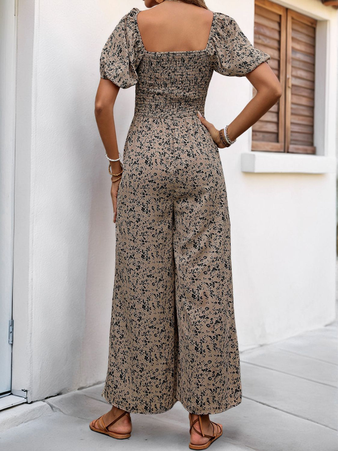 Perfee Smocked Printed Square Neck Puff Sleeve Jumpsuit