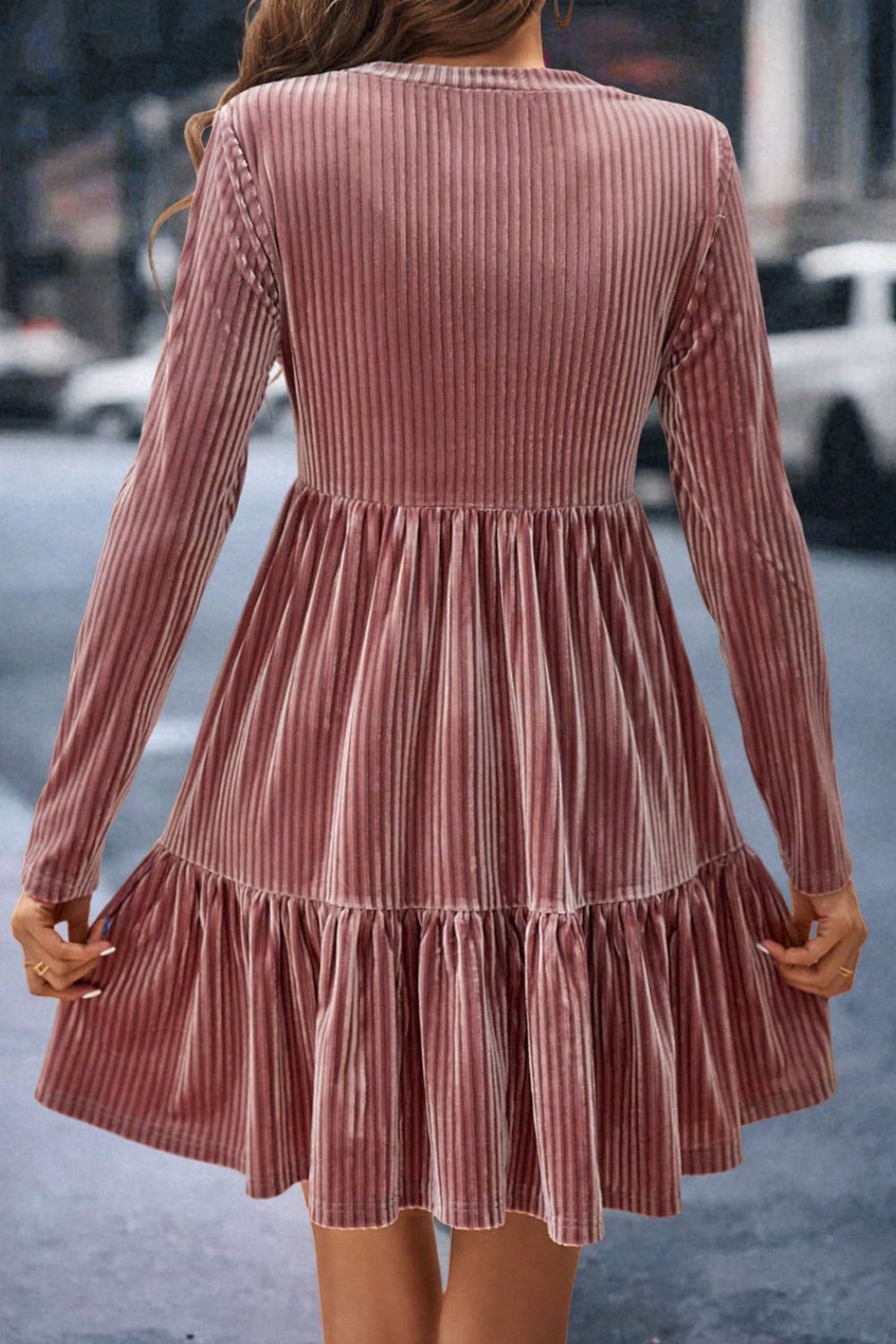 Ruffle Hem Round Neck Long Sleeve Dress