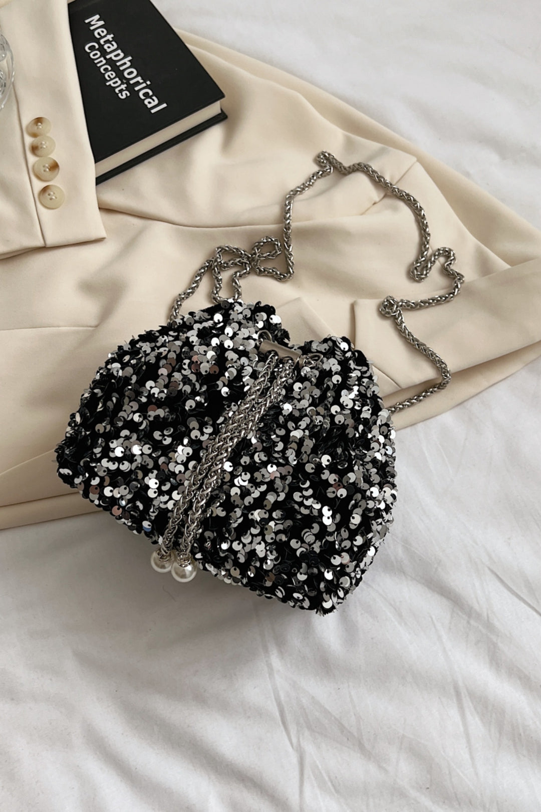 Sequin Chain Drawstring Bucket Bag