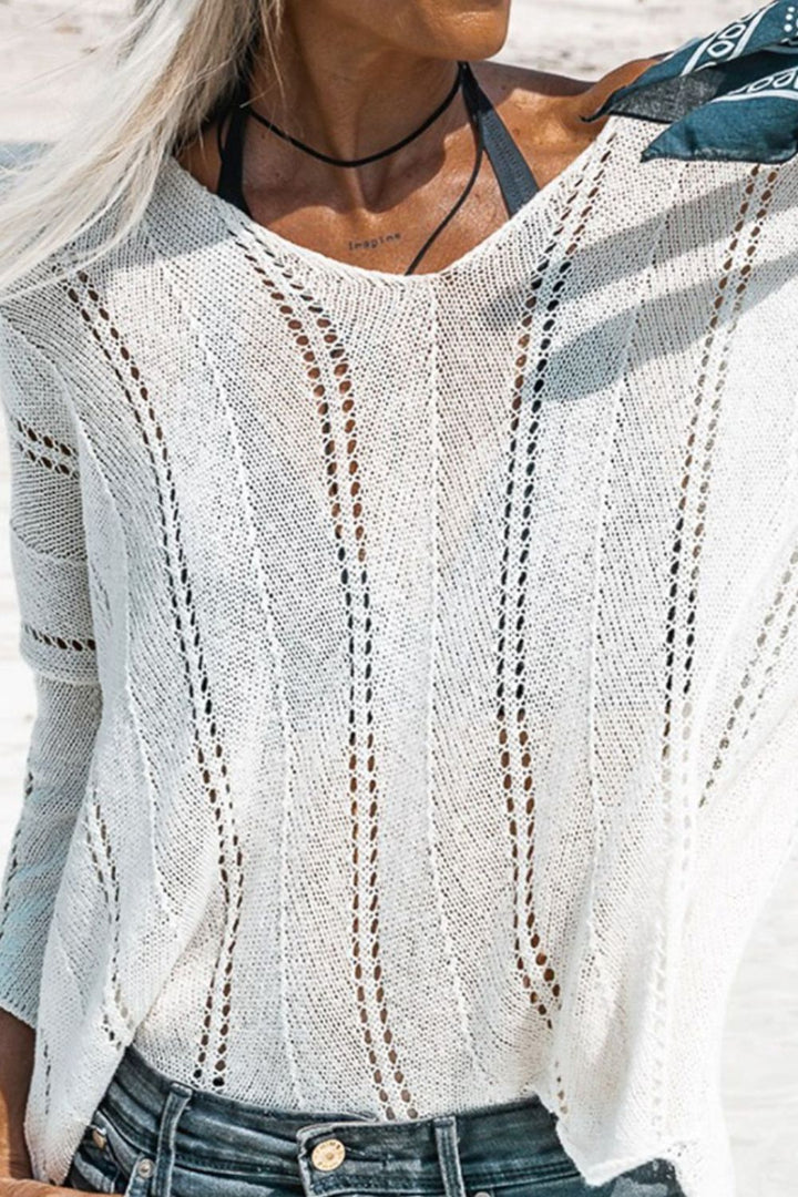 Openwork V-Neck Long Sleeve Knit Top