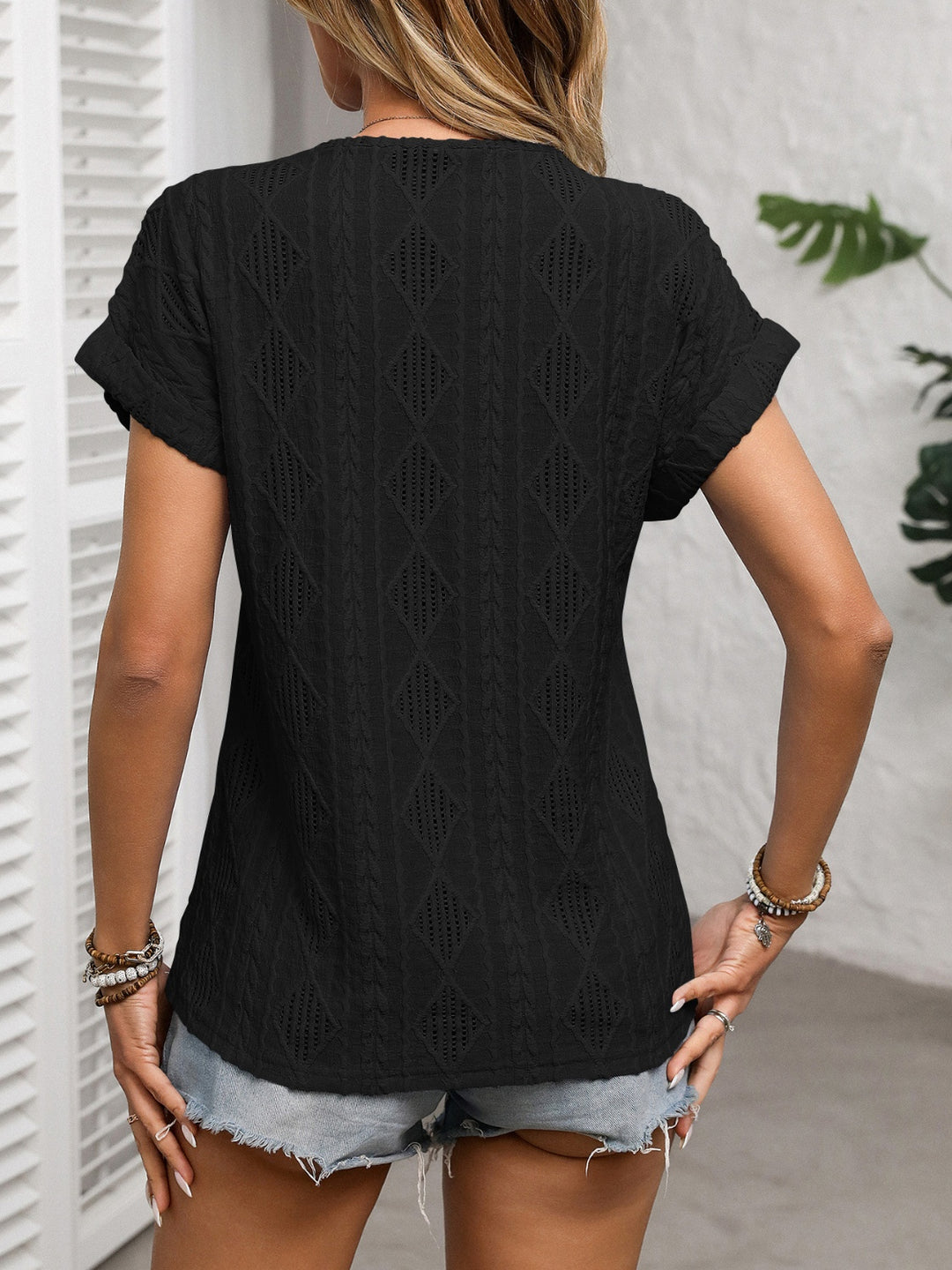 Openwork V-Neck Short Sleeve T-Shirt