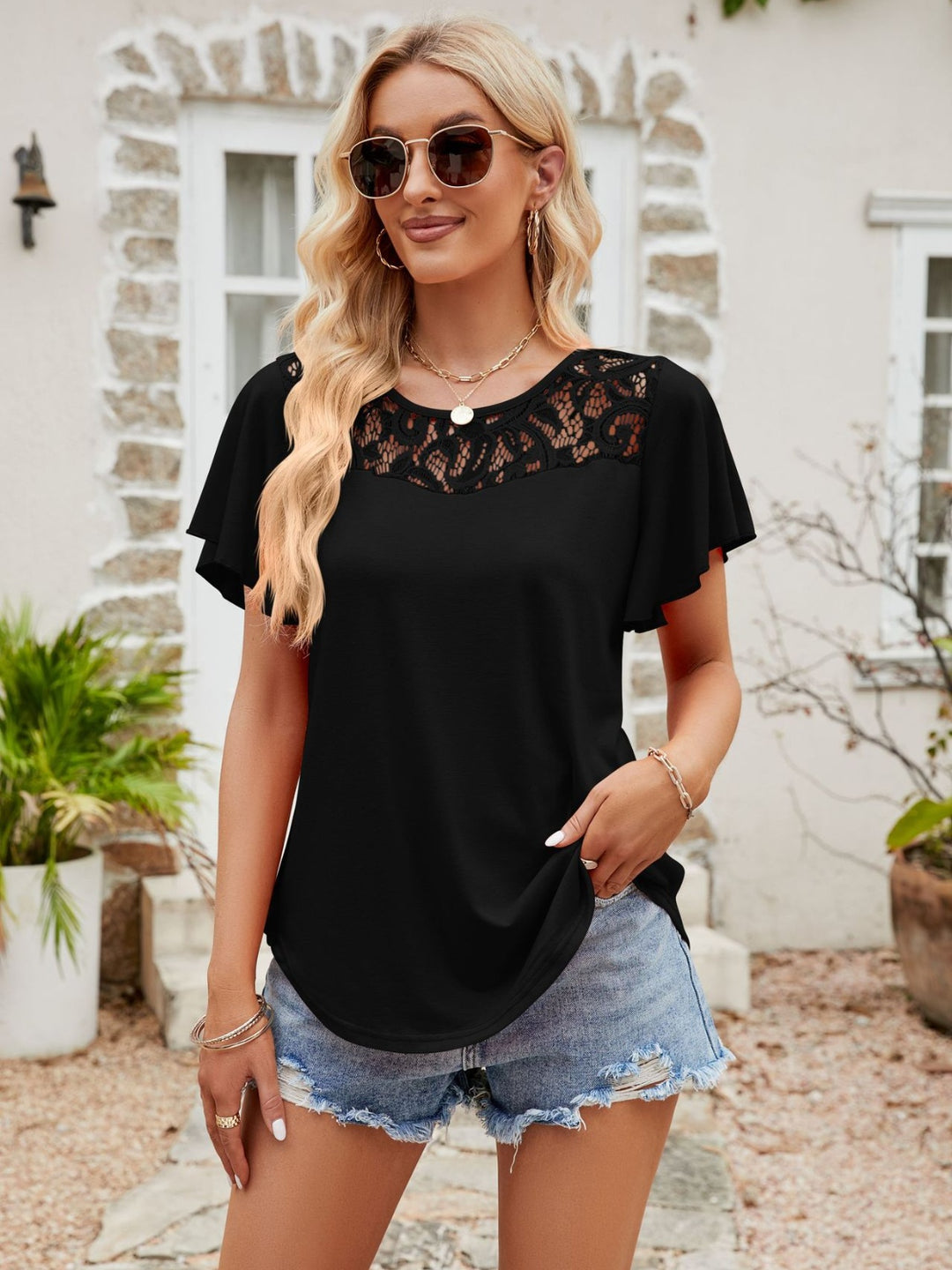 Lace Detail Round Neck Short Sleeve T-Shirt