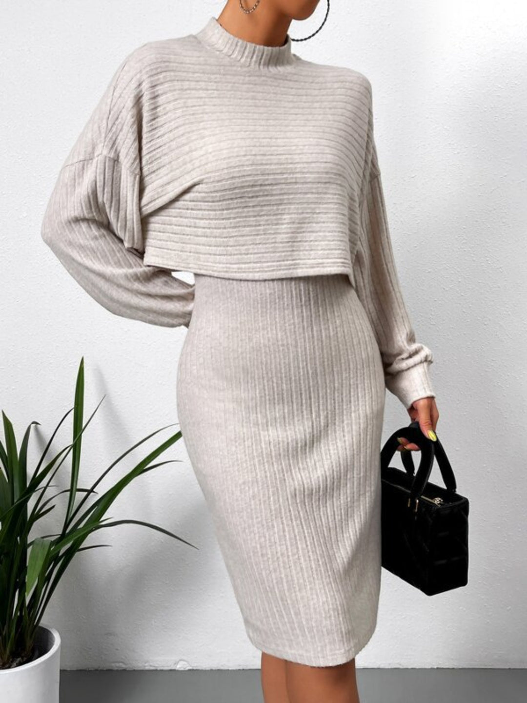 Mock Neck Long Sleeve Top and Wide Strap Dress Set