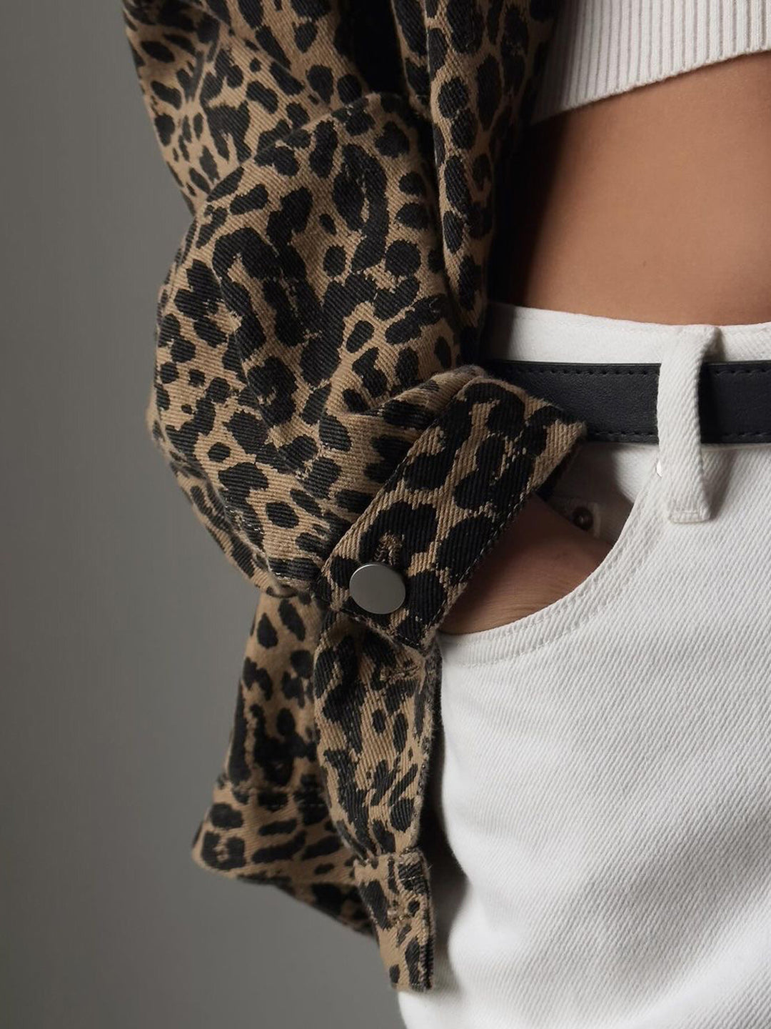 Leopard Button Up Long Sleeve Denim Top