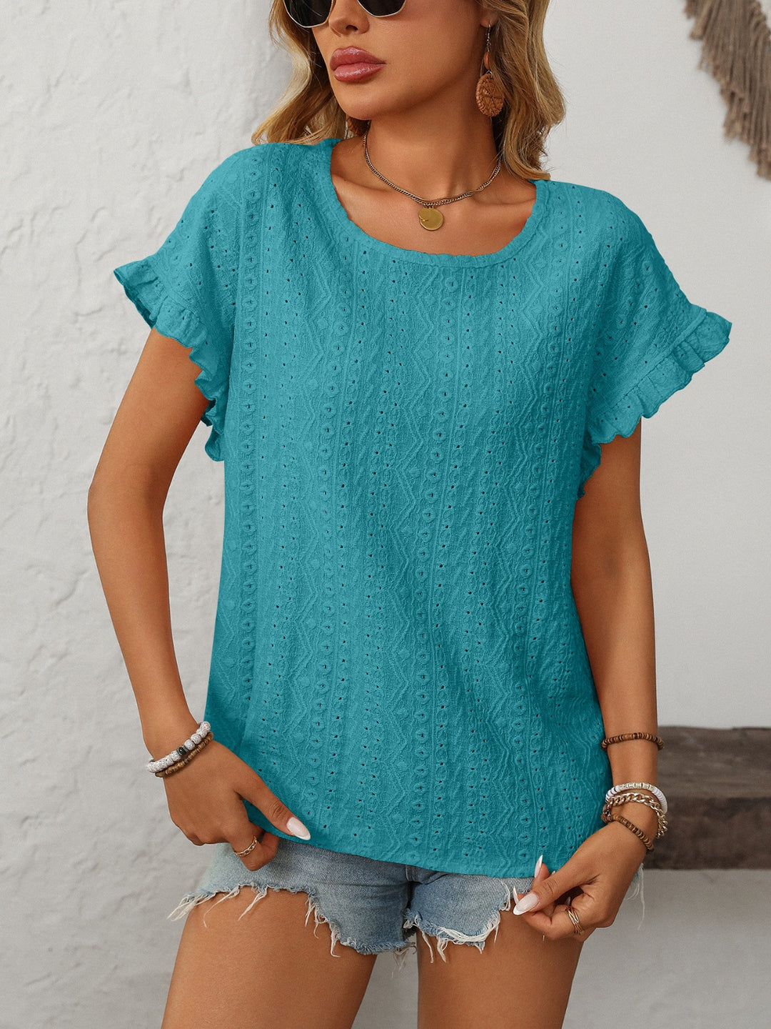 Mandy Eyelet Round Neck Short Sleeve Top