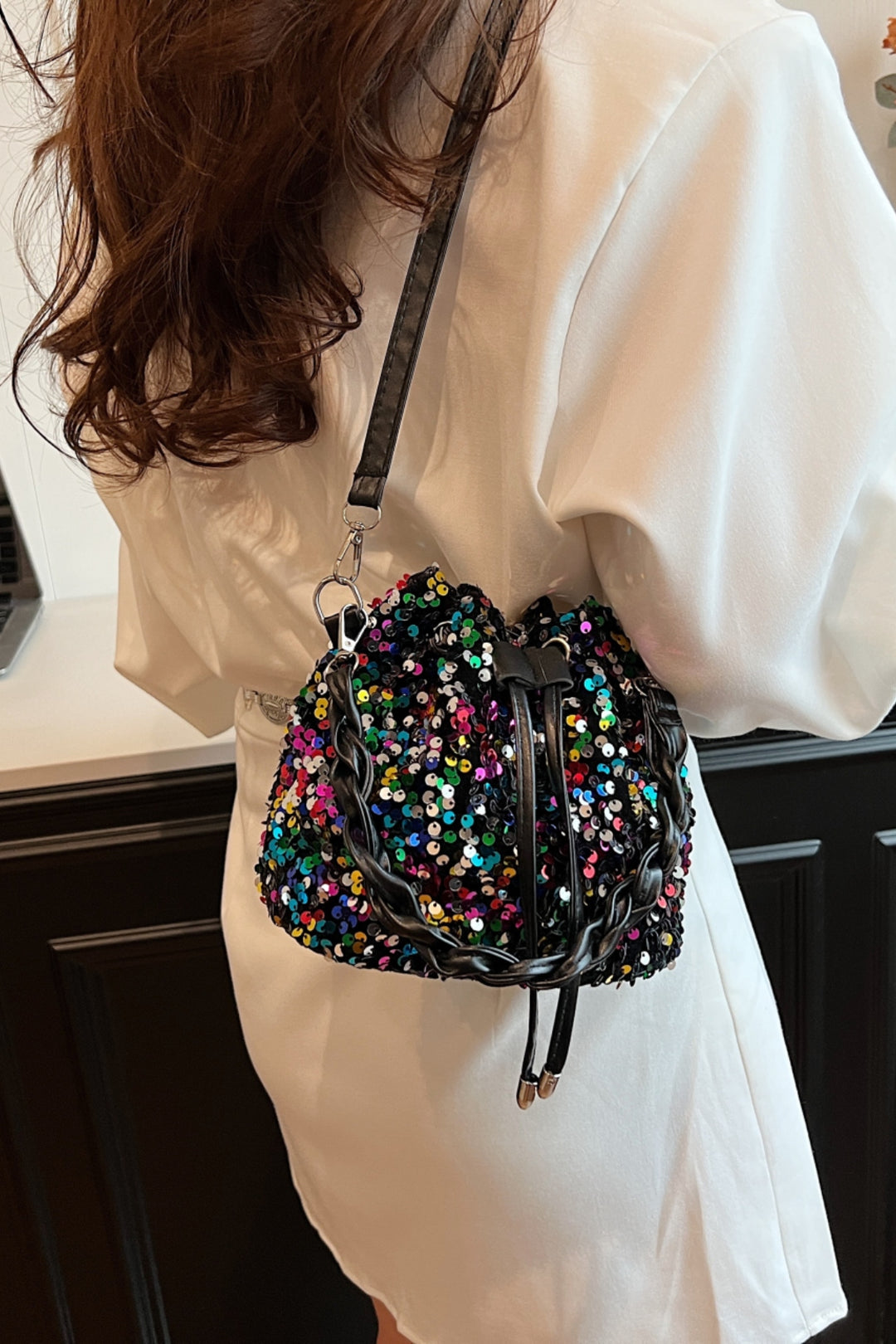 Sequin Drawstring Bucket Bag