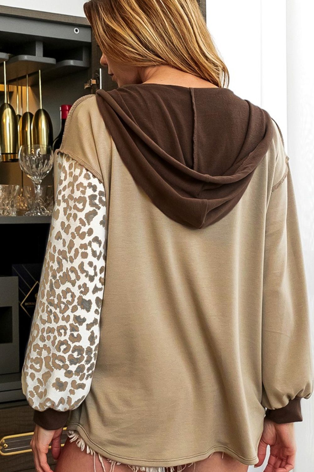 Leopard Drawstring Chest Pocket Hoodie