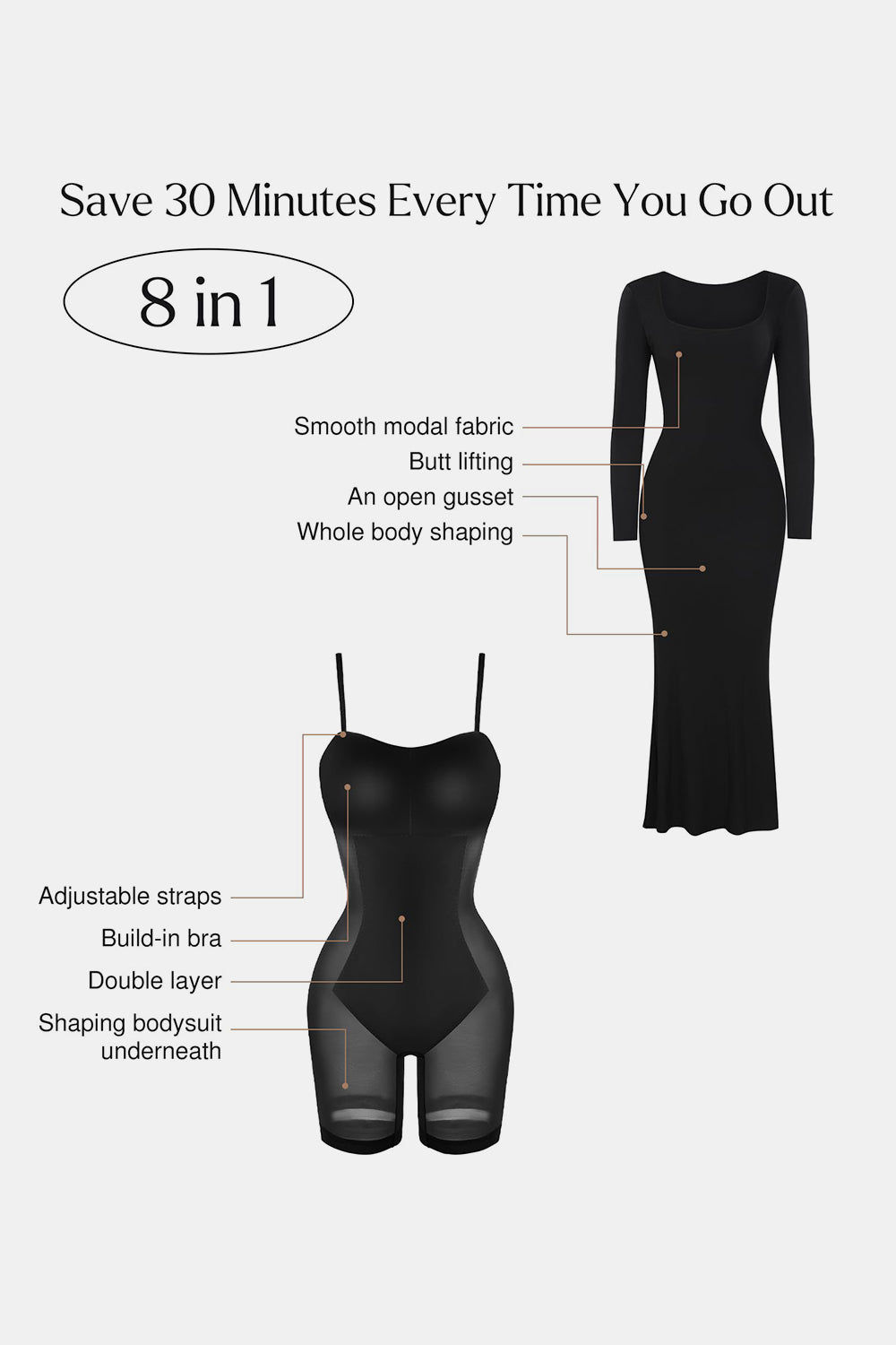 Long Sleeve Maxi Dress Square Neck Full Size Built-In Shapewear