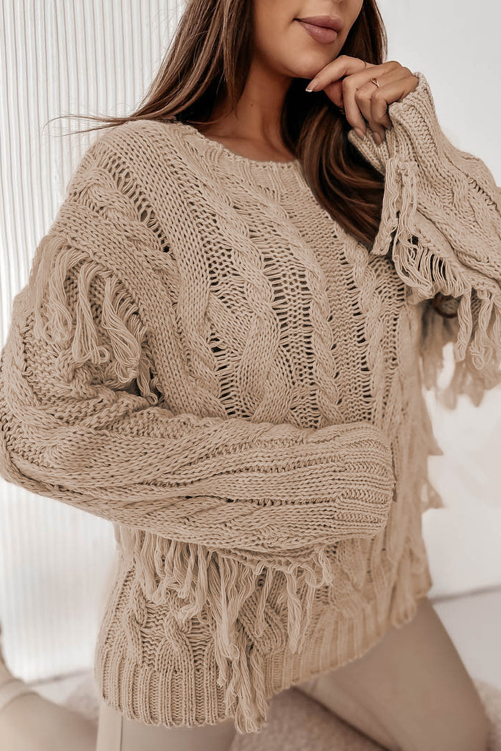 Cable Knit Fringe Round Neck Long Sleeve Sweater