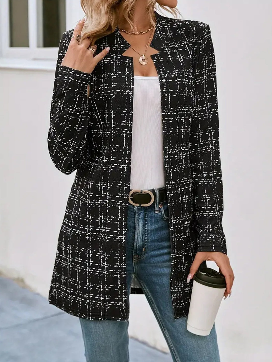 Plaid Open Front Long Sleeve Blazer