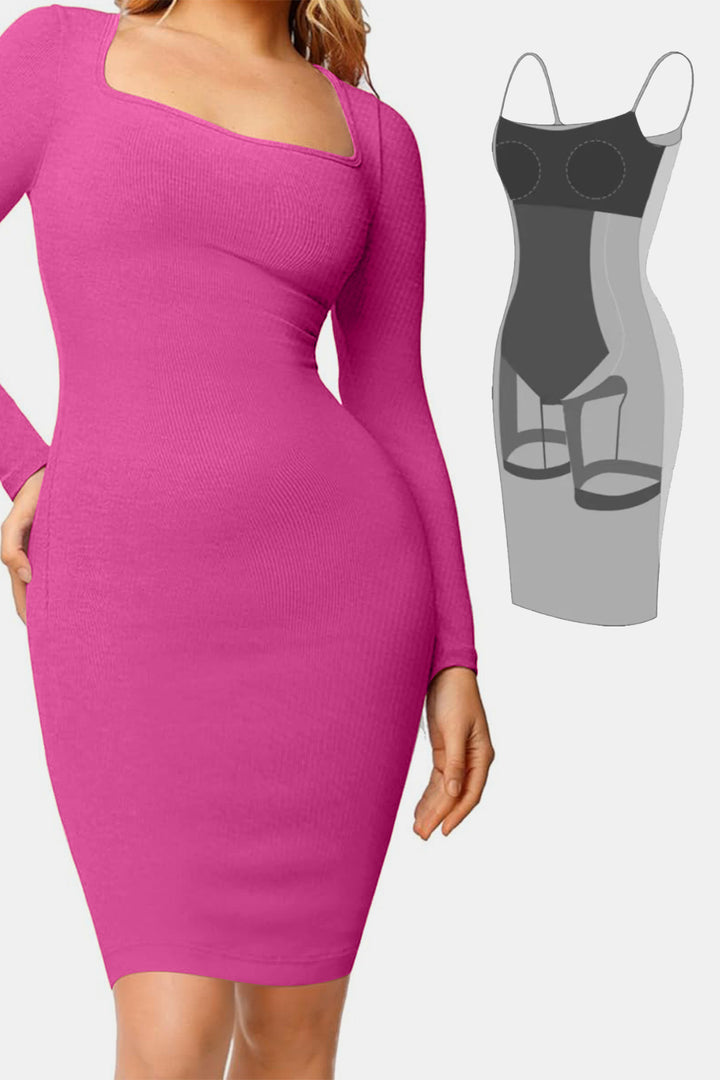 Long Sleeve Dress Square Neck Full Size Built-In Shapewear