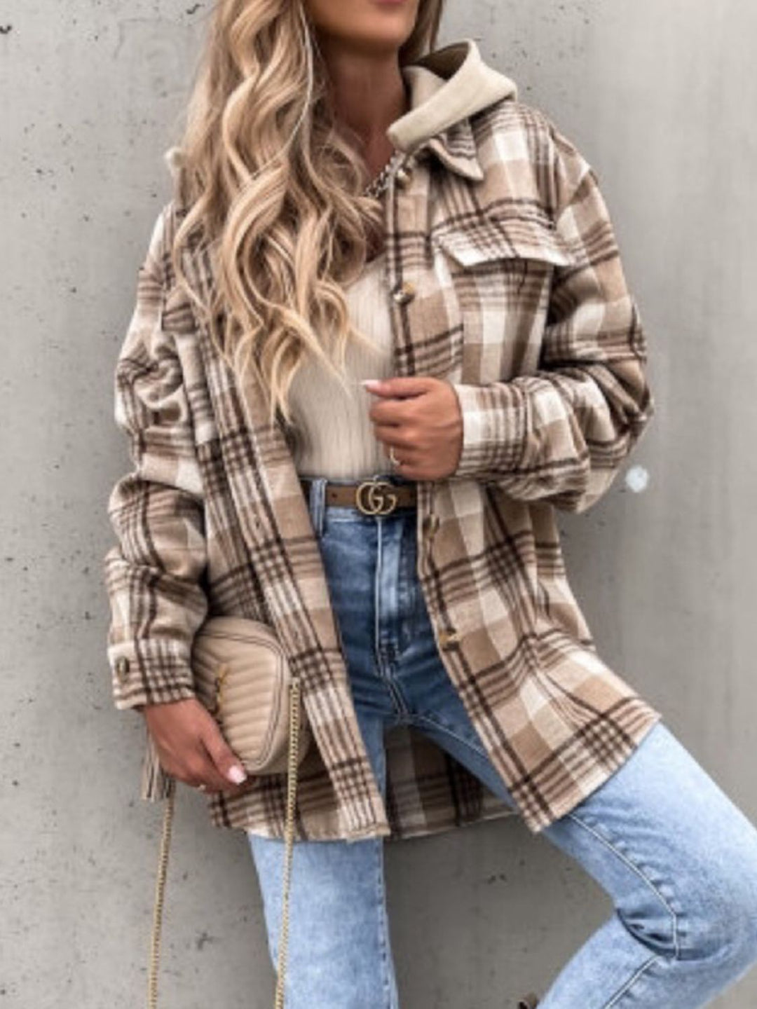 Plaid Button Up Jacket with Removable Hood