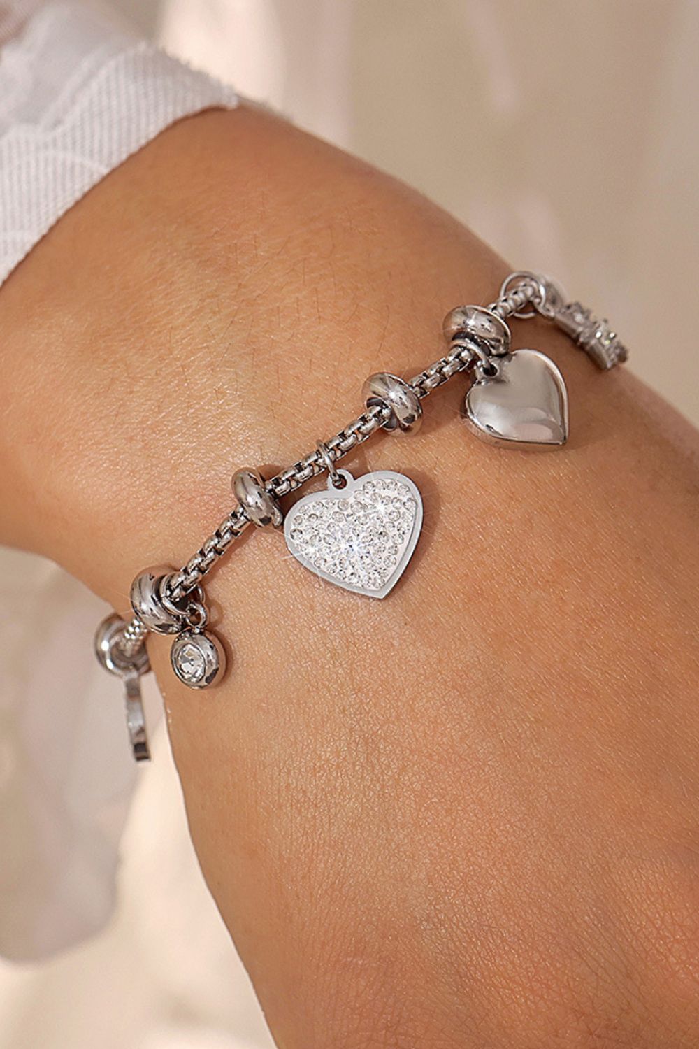 Titanium Steel Inland Zircon Heart Charm Bracelet