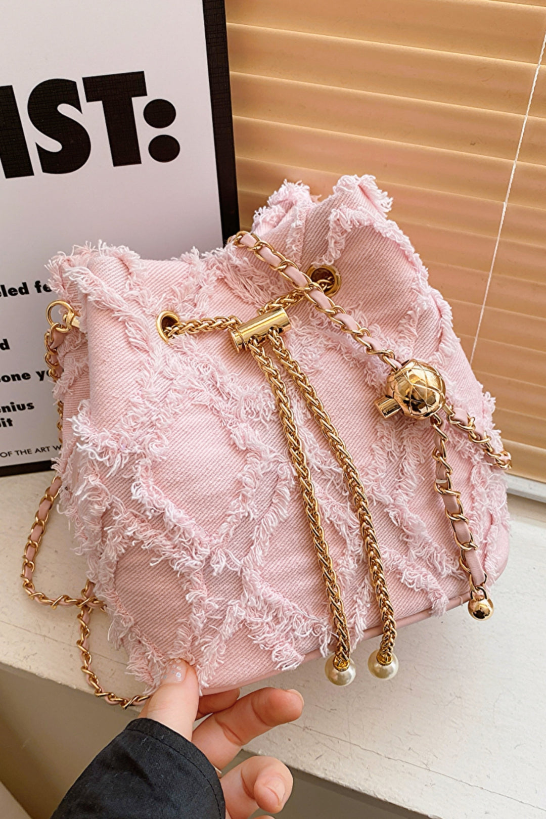 Chain Drawstring Raw Edge Denim Bucket Bag