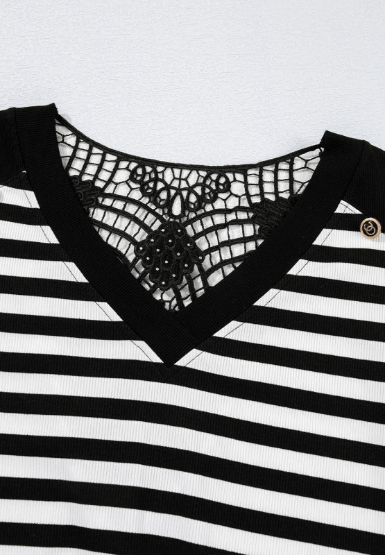 Striped Lace Detail V Neck Top