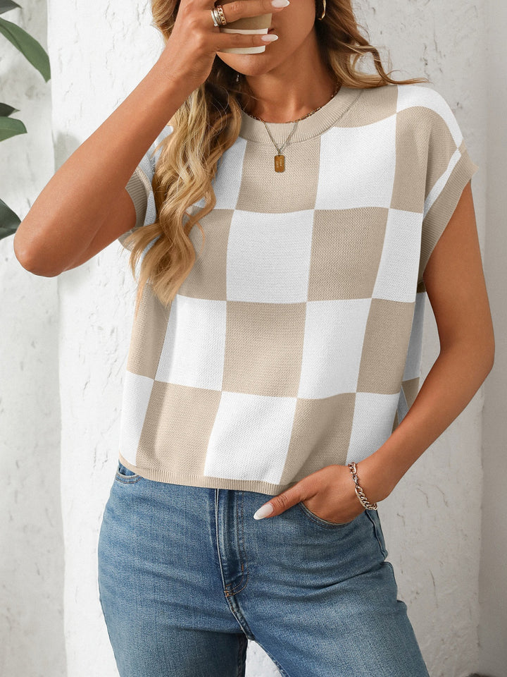 Mandy Checkered Round Neck Cap Sleeve Knit Top