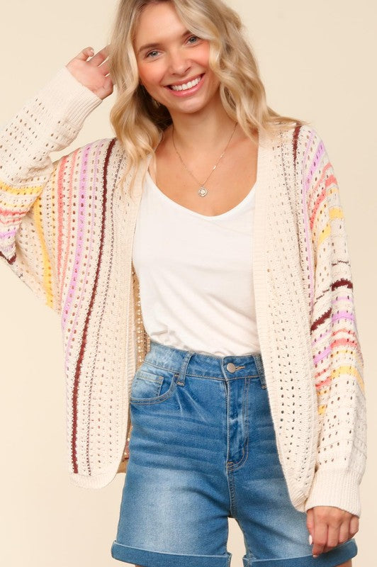 Haptics Full Size Striped Crochet Open Front Cardigan