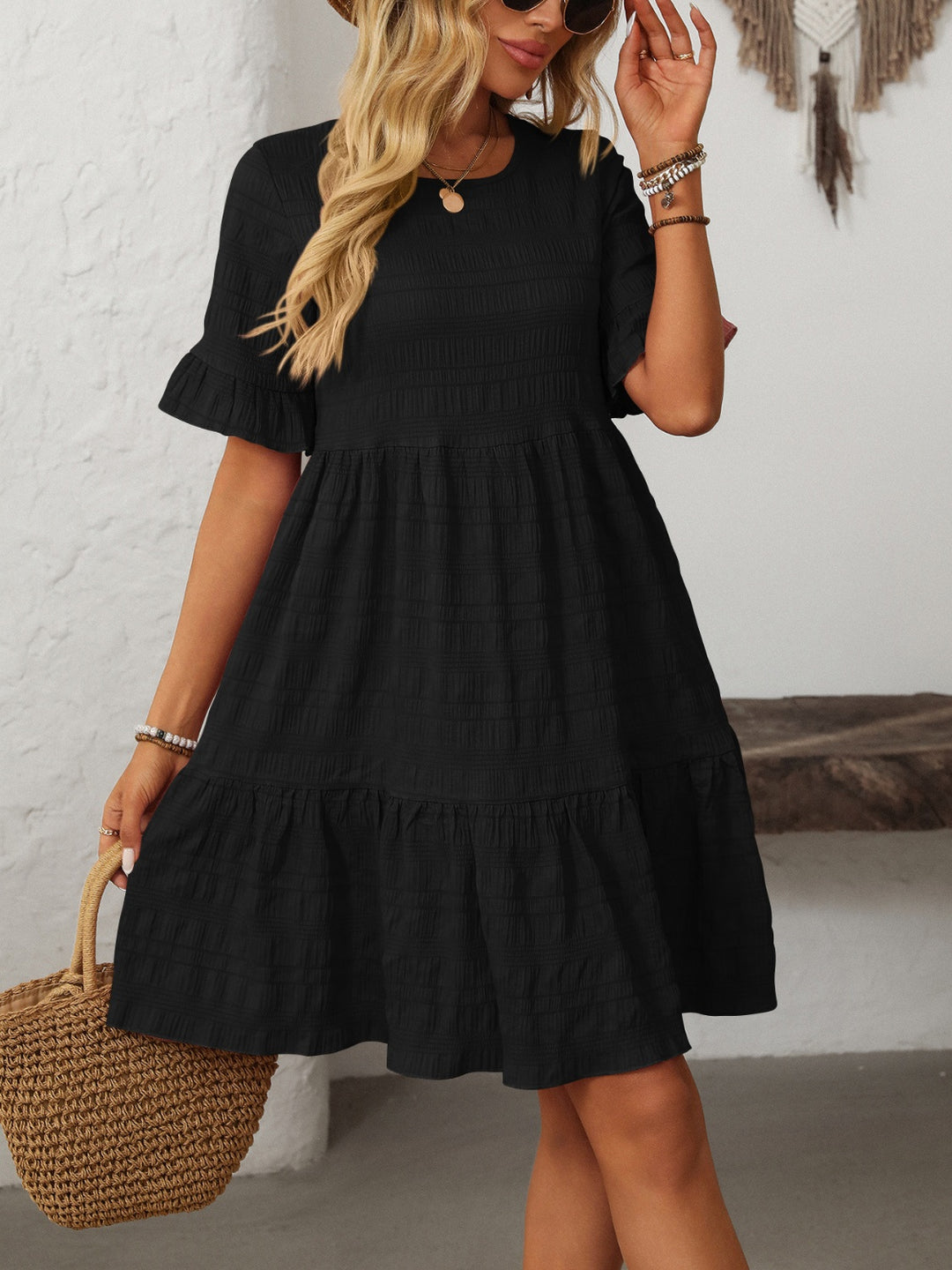 Mandy Ruffled Ruched Round Neck Half Sleeve Dress