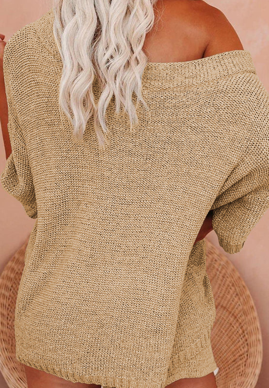 Round Neck Drop Shoulder Top and Shorts Sweater Set