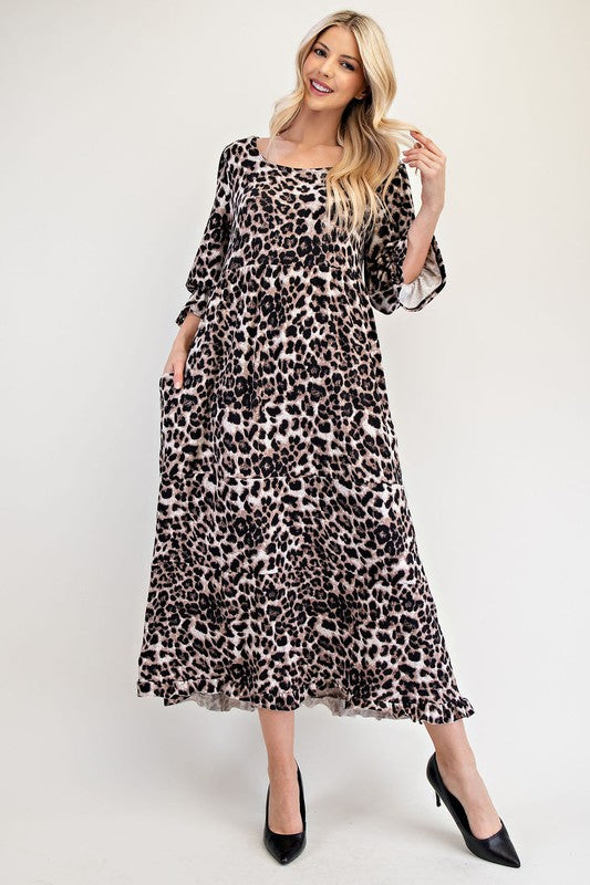 Celeste Full Size Leopard Round Neck Flounce Sleeve Dress