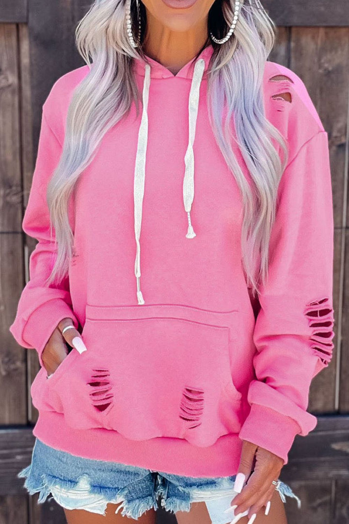 Distressed Drawstring Long Sleeve Hoodie