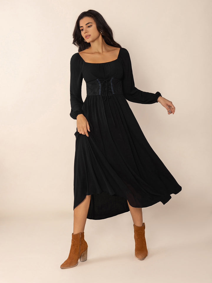 Lace-Up Square Neck Long Sleeve Midi Dress