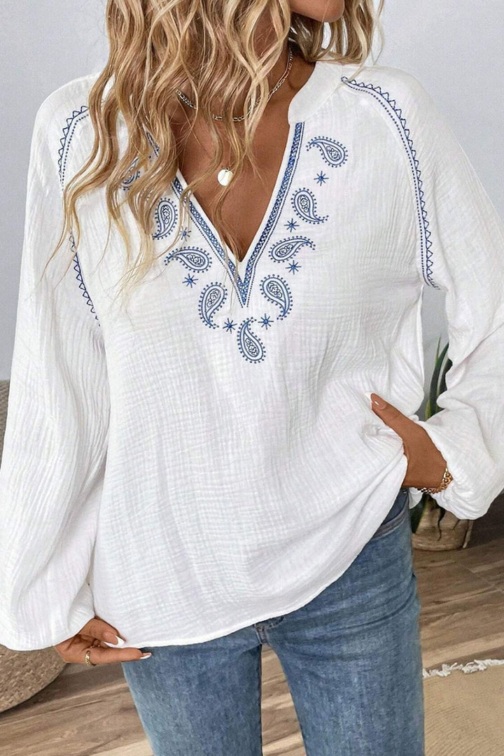 Embroidered Notched Long Sleeve Blouse