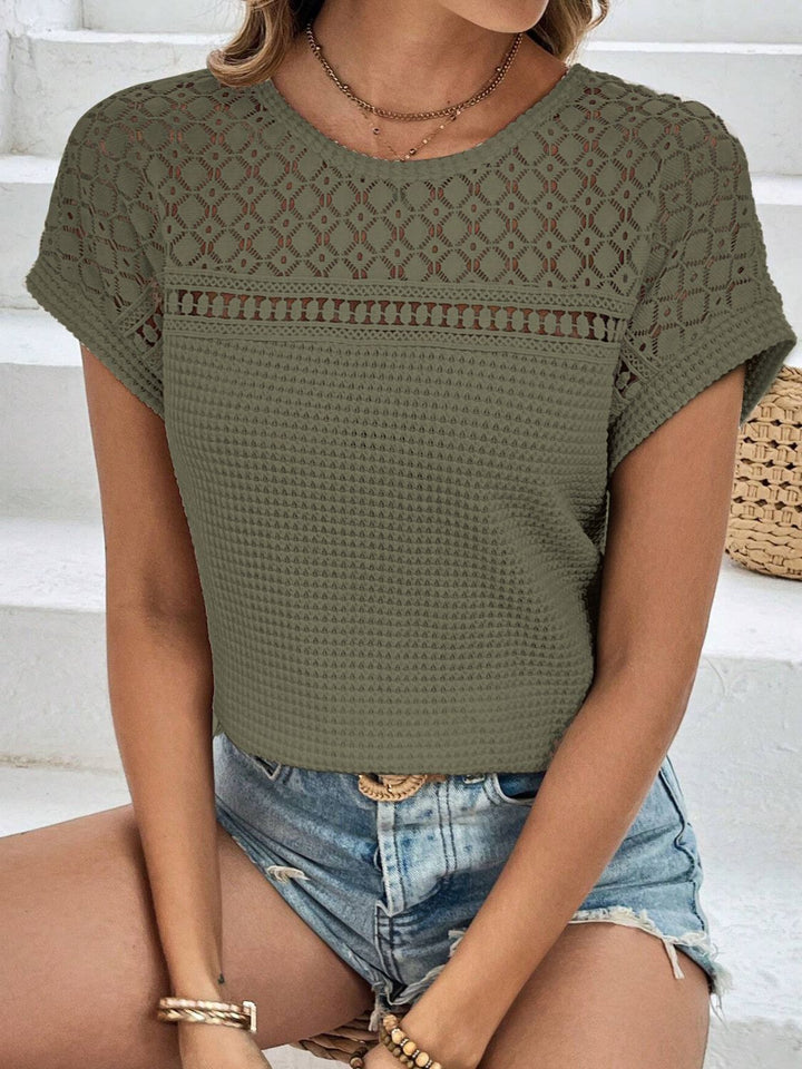 Waffle-Knit Round Neck Short Sleeve Top